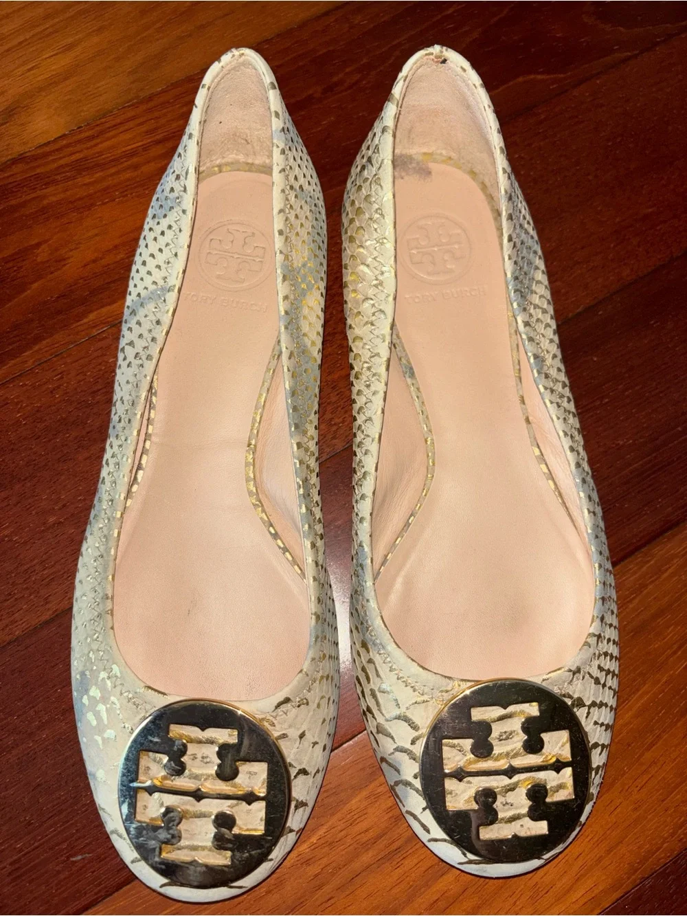 Tory Burch Cream Snakeskin-Embossed Ballet Flats with Gold Logo